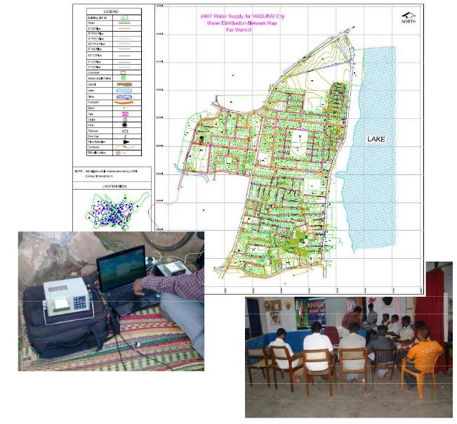 Water Transmission Mains, Distribution System mapping and consumer indexing survey for 24X7 Water Supply Scheme for Madurai City Corporation.